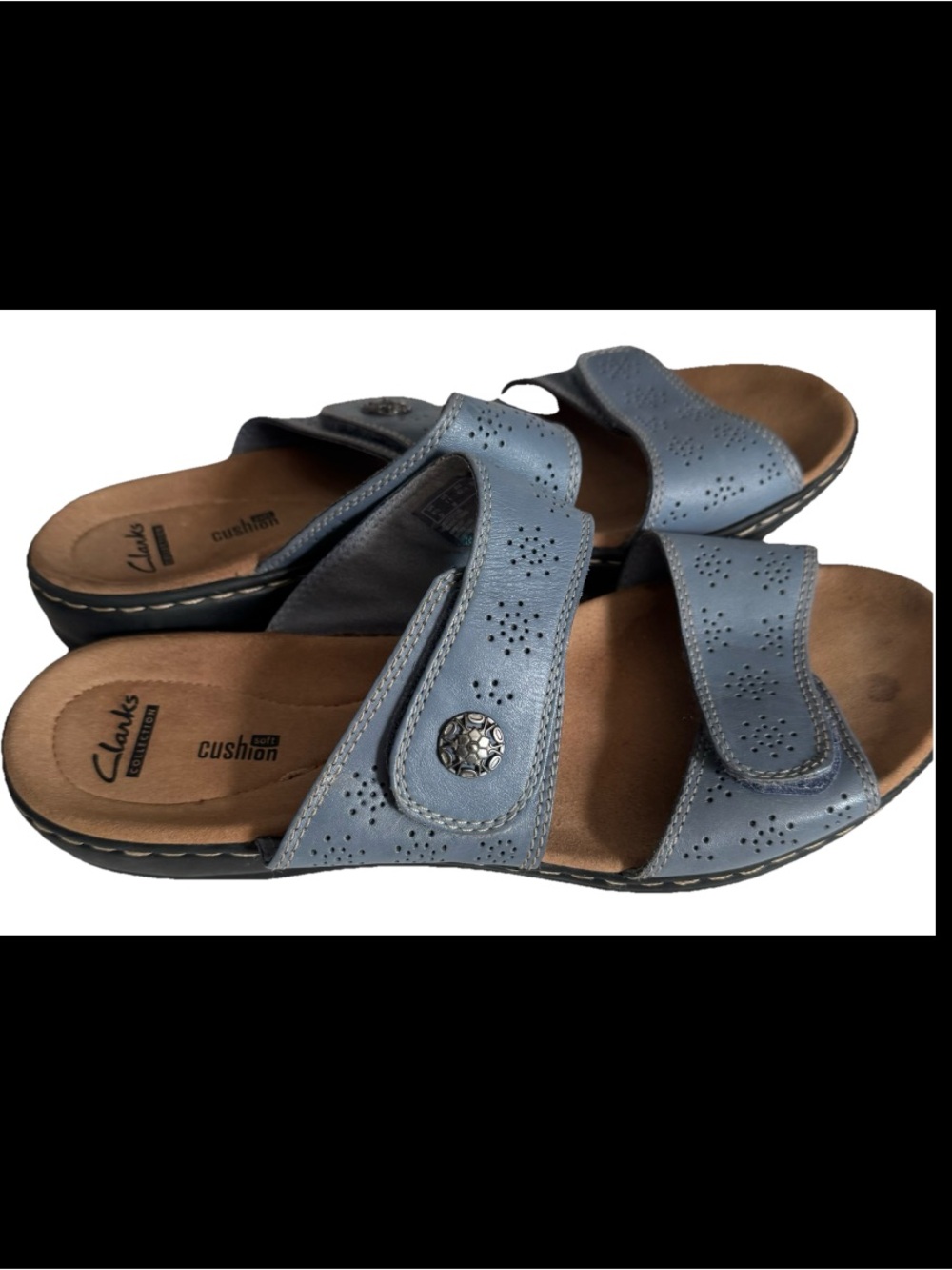 Clarks Collection Cushion Soft Sandals Womens US 11 Blue Leather Comfort Slides - Picture 3 of 5